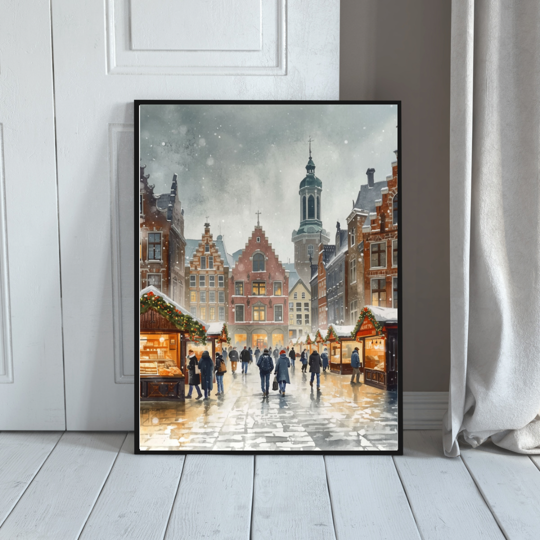 Deventer kerstmarkt schilderij in zwarte lijst staand op lichte houten vloer tegen witte muur – aquarel wall art entree
