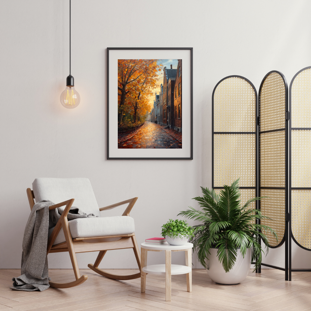 Deventer herfstlaan schilderij in zwarte lijst aan witte muur in hoek van kamer met houten schommelstoel, groene plant en hanglamp – olieverf wall art leeshoek
