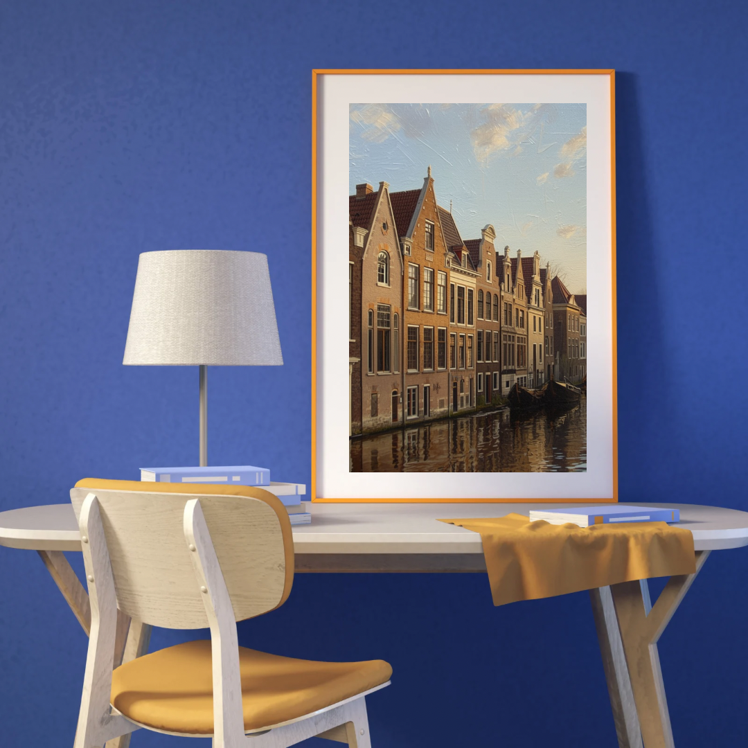 Dordrecht gracht schilderij in zwarte lijst staand op wit bureau met witte bureaulamp tegen blauwe muur – olieverf wall art thuiskantoor
