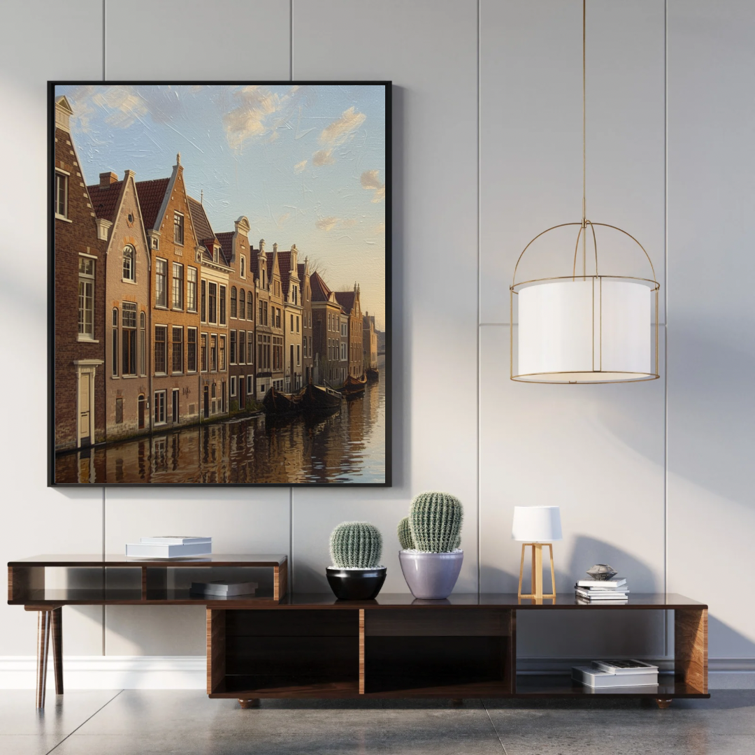 Dordrecht gracht schilderij in zwarte lijst aan witte muur boven donker houten dressoir met zwarte vazen en decoratieve objecten – olieverf wall art woonkamer
