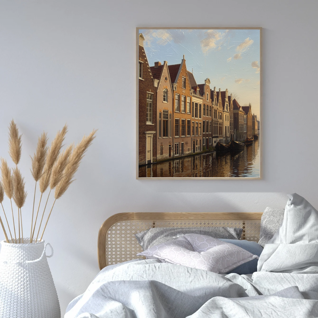 Dordrecht gracht schilderij in zwarte lijst aan witte muur boven wit bed met grijze en witte kussens en pampasgras in vaas – olieverf wall art slaapkamer
