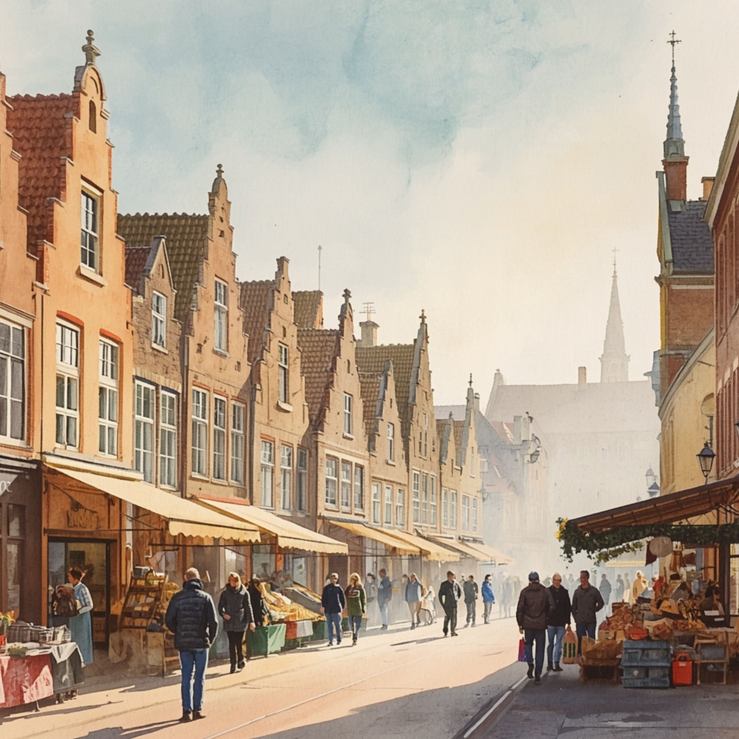 Deventer schilderij met zonnige winterse marktstraat, historische trapgevels, wandelaars op kasseien en warm gouden licht – aquarel wall art print
