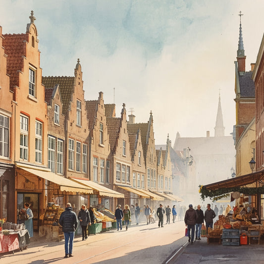 Deventer schilderij met zonnige winterse marktstraat, historische trapgevels, wandelaars op kasseien en warm gouden licht – aquarel wall art print
