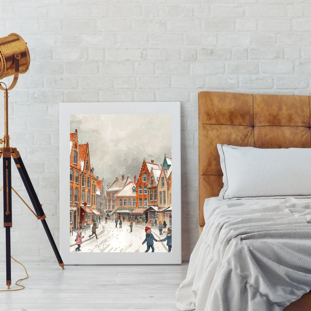Deventer wintermarkt schilderij in zwarte lijst staand op houten vloer tegen witte muur naast houten ladder met opgerolde dekens – aquarel wall art slaapkamer
