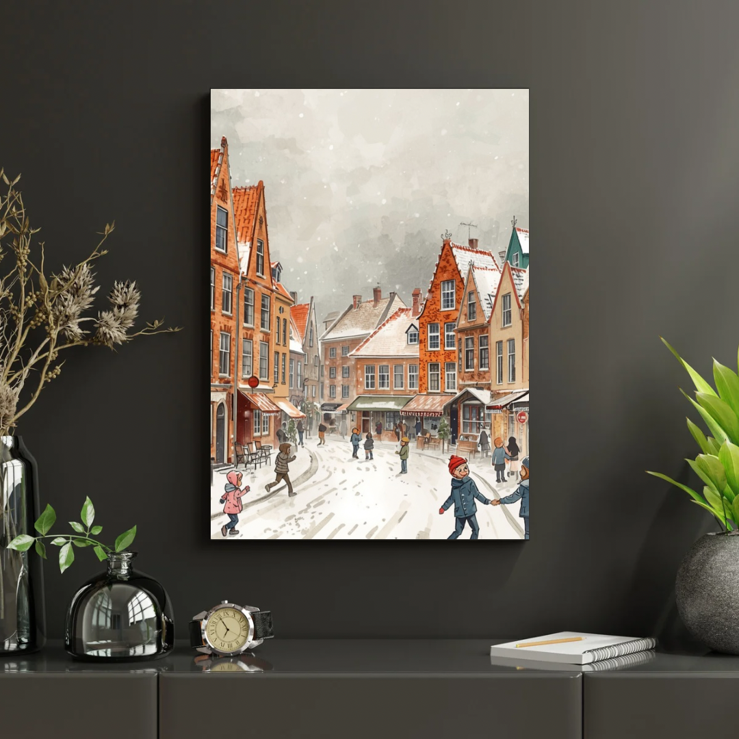 Deventer wintermarkt schilderij in zwarte lijst aan donkere muur boven wit rond tafeltje met groene plant en zwarte hanglamp – aquarel wall art woonkamer
