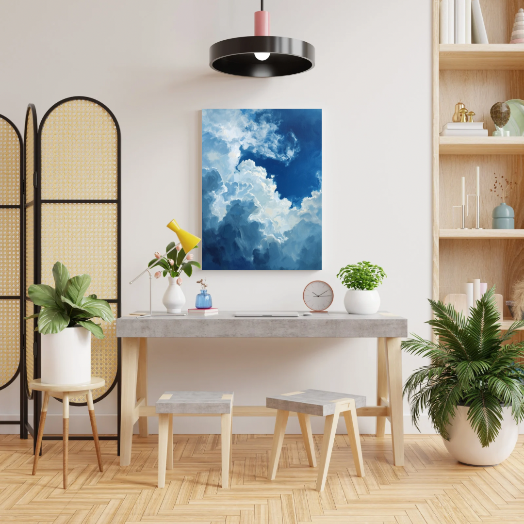 Wolken schilderij in witte lijst aan witte muur boven witte eettafel met groene planten en ronde hanglamp – olieverf wall art eetkamer
