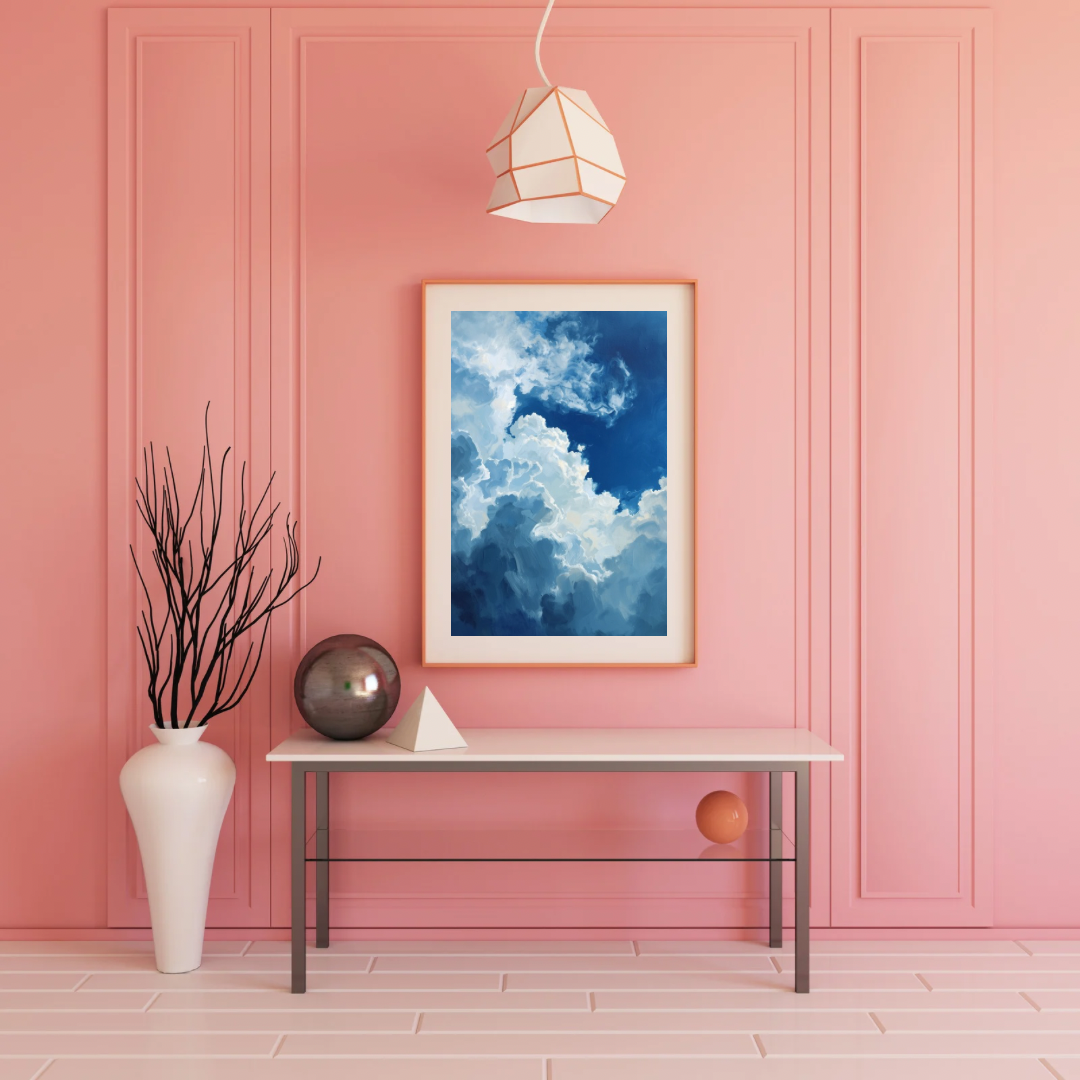 Wolken schilderij met dramatische diepe blauwe lucht, grote witte wolken en zachte grijze schaduwen – olieverf wall art print
