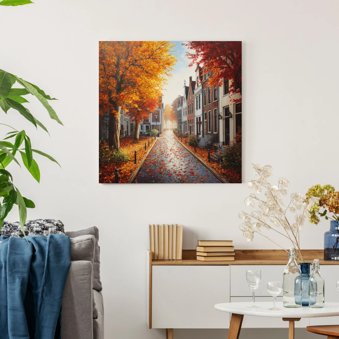 Deventer regenachtige herfststraat schilderij in zwarte lijst aan witte muur boven blauw dressoir met groene plant en kleine lamp – aquarel wall art woonkamer
