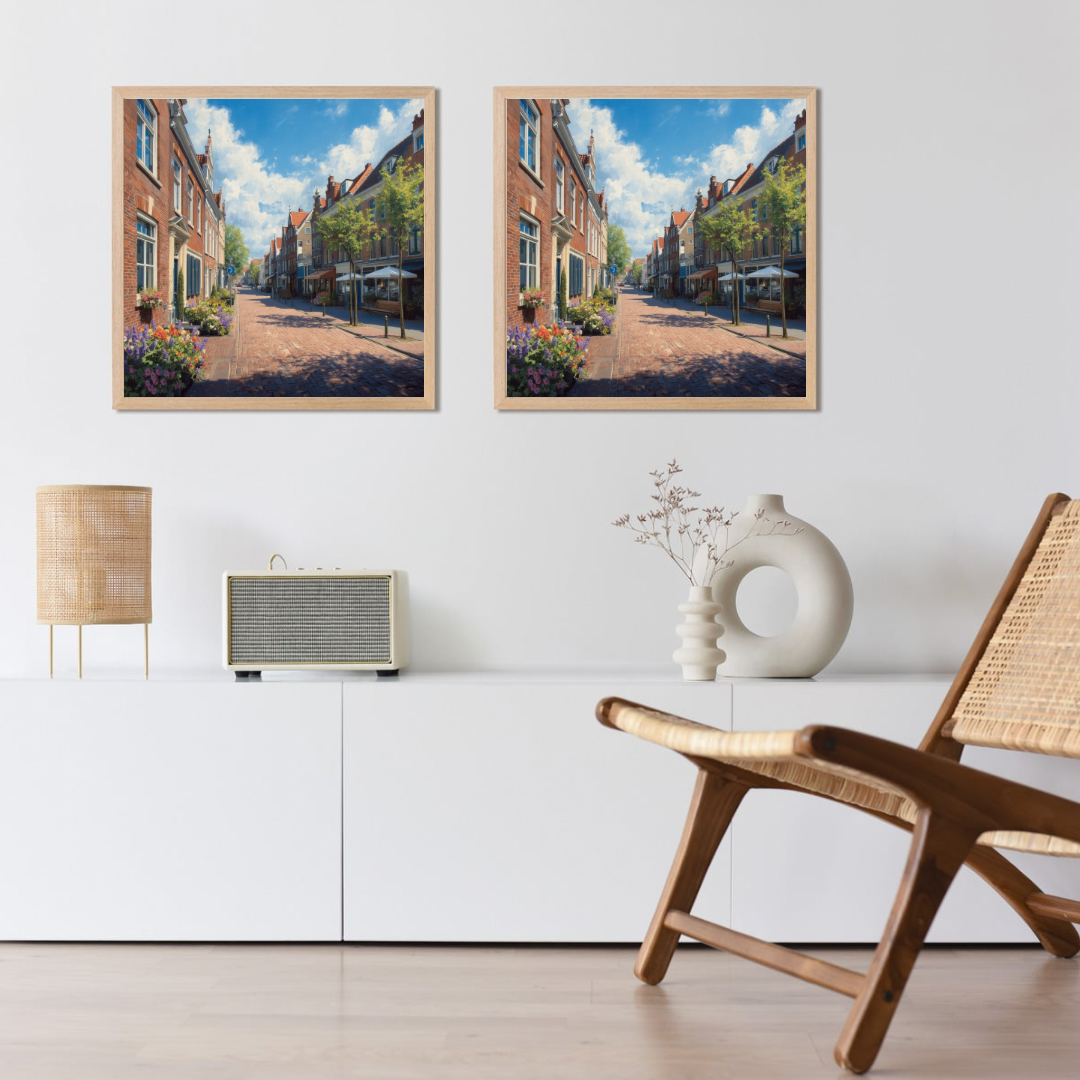 Deventer zomerstraat schilderij als set van twee in zwarte lijst aan witte muur boven wit dressoir met lamp en decoratieve objecten – aquarel wall art woonkamer
