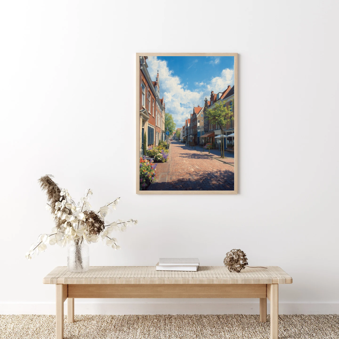 Deventer zomerstraat schilderij in zwarte lijst staand op licht houten sidetable met kleine groene plant tegen witte muur – aquarel wall art woonkamer
