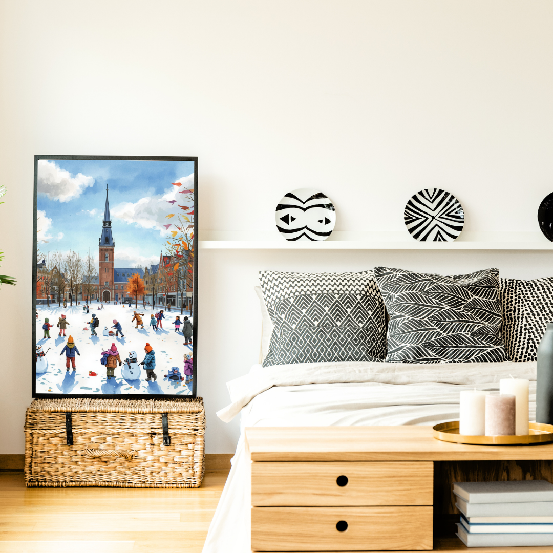 Dordrecht schaatsfeest schilderij als set van drie in zwarte lijst aan witte muur boven houten ladekast met grijze kussens en lamp – aquarel wall art slaapkamer
