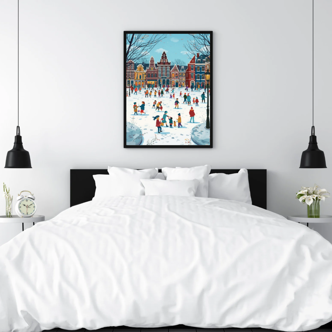Winter sneeuwfeest schilderij als set van twee in zwarte lijst aan witte muur boven wit bed met witte kussens en zwarte hanglampen – aquarel wall art slaapkamer
