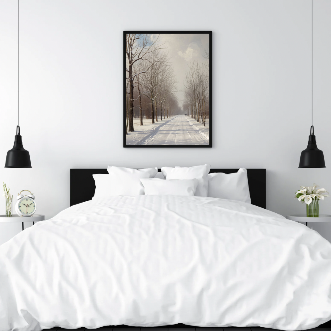 Dordrecht winters park schilderij in zwarte lijst aan witte muur boven wit bed met witte kussens en zwarte hanglampen – olieverf wall art slaapkamer
