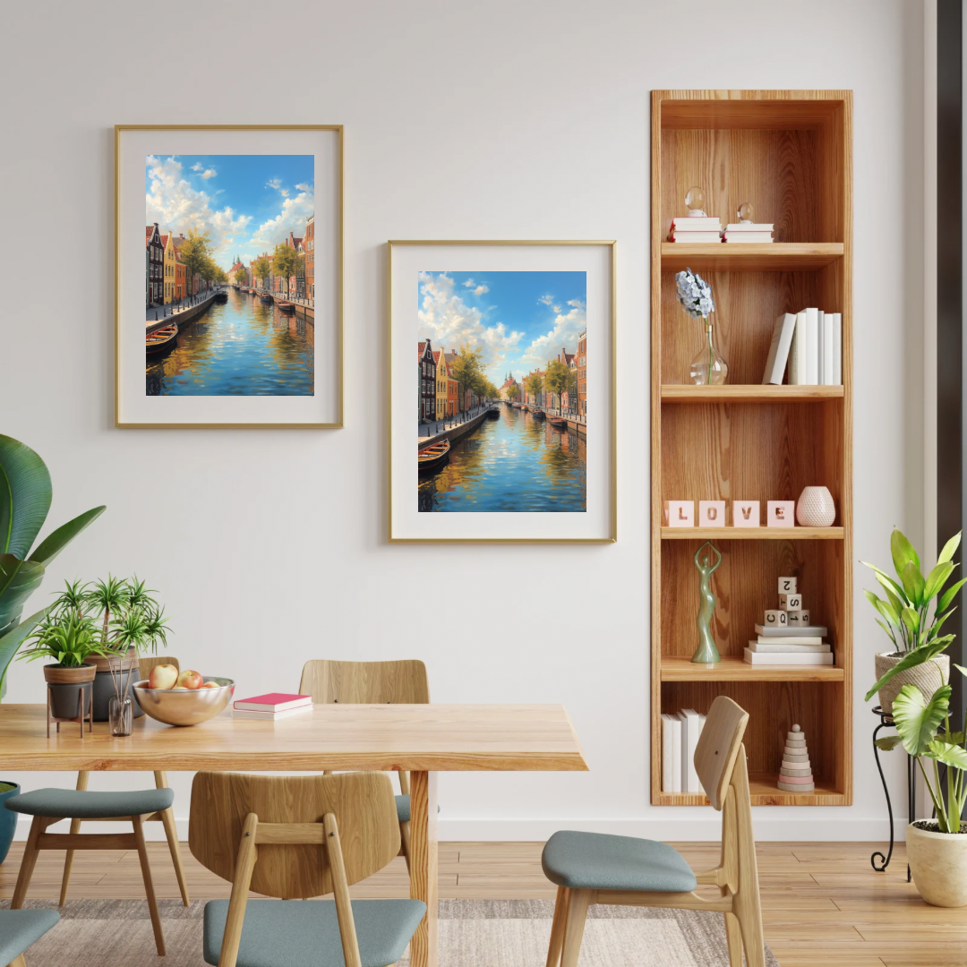 Dordrecht zomergracht schilderij als set van twee in blauwe lijst aan witte muur naast houten boekenkast met planten en eettafel – olieverf wall art eetkamer
