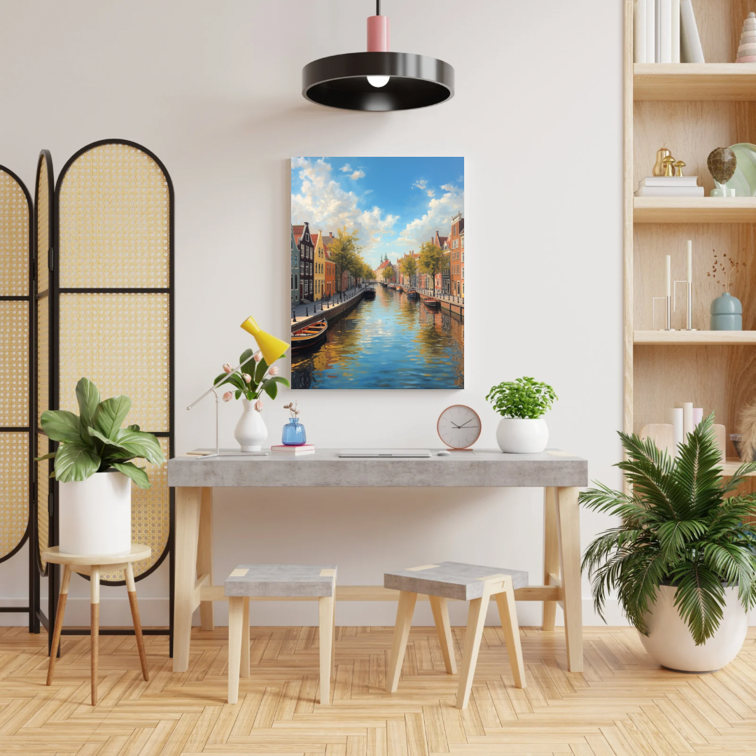 Dordrecht zomergracht schilderij in blauwe lijst aan witte muur boven witte eettafel met witte stoelen en grote groene plant – olieverf wall art eetkamer

