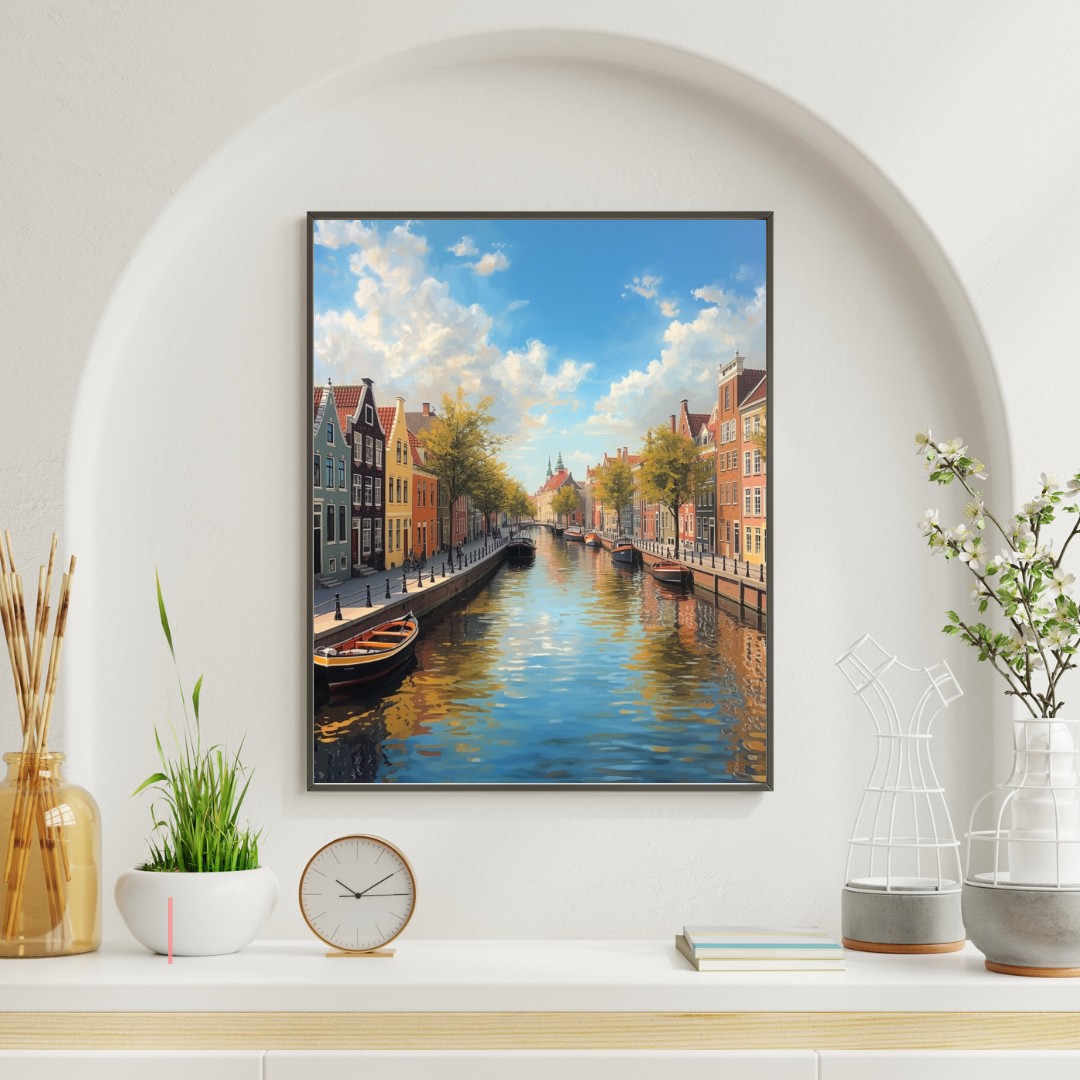 Dordrecht zomergracht schilderij in blauwe lijst aan witte muur boven zwarte eettafel met zwarte stoelen en industriële hanglamp – olieverf wall art eetkamer
