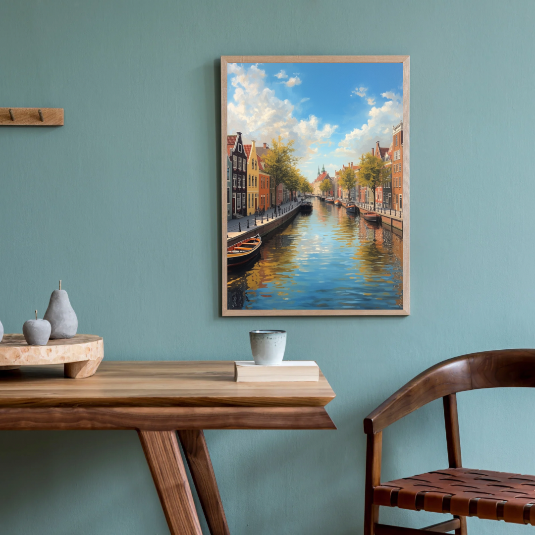 Dordrecht zomergracht schilderij in blauwe lijst aan groene muur boven houten bureau met houten stoel en groene plant – olieverf wall art thuiskantoor
