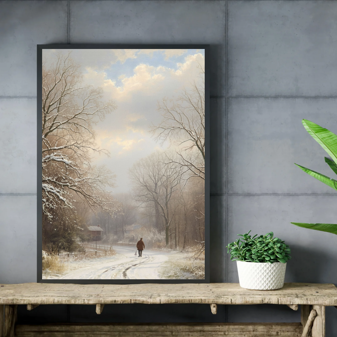 Winter mistig bospad schilderij in zwarte lijst aan grijze muur boven donker tv-meubel met groene plant en witte vaas – olieverf wall art woonkamer
