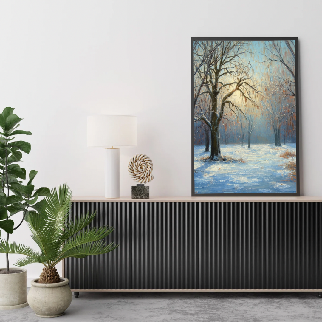 Winter mysterieus park schilderij in zwarte lijst aan witte muur boven zwart tv-dressoir met grote groene plant en witte vaas – olieverf wall art woonkamer
