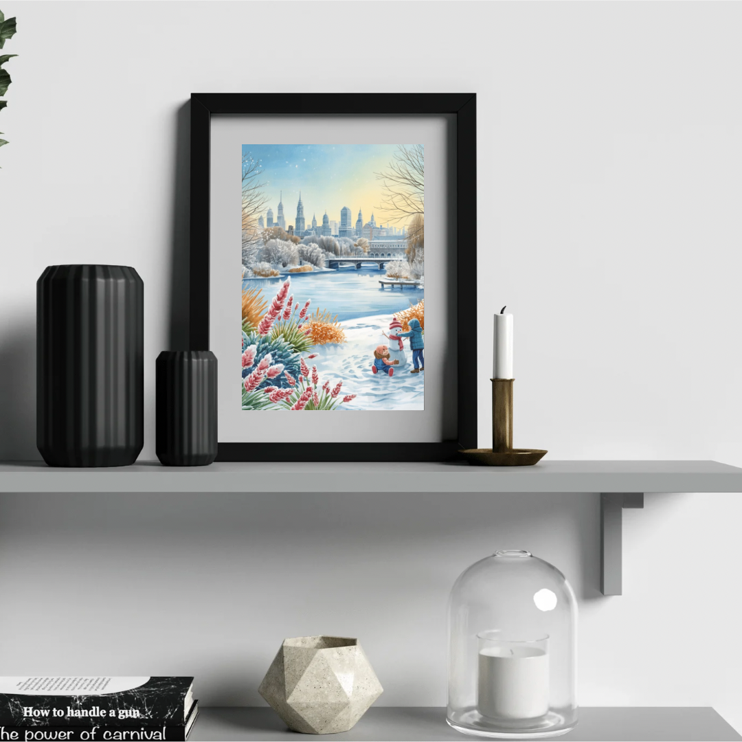 New York Central Park winter schilderij in zwarte lijst op witte wandplank met zwarte vazen en witte kaarsen – aquarel wall art eetkamer
