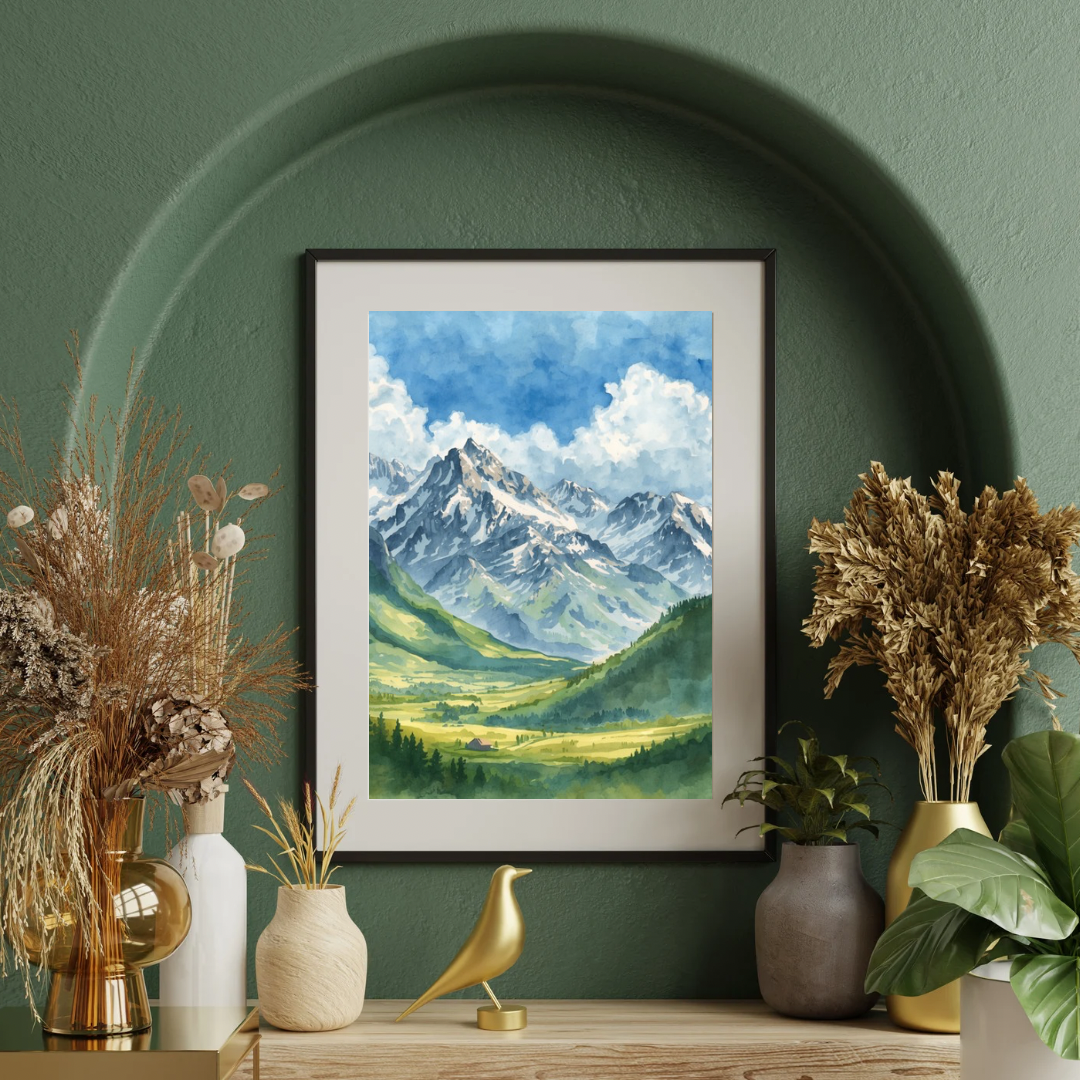 Alpen bergen schilderij in donkere lijst aan groene muur in groene nis met droogbloemen in vazen en decoratieve vogel – aquarel wall art woonkamer
