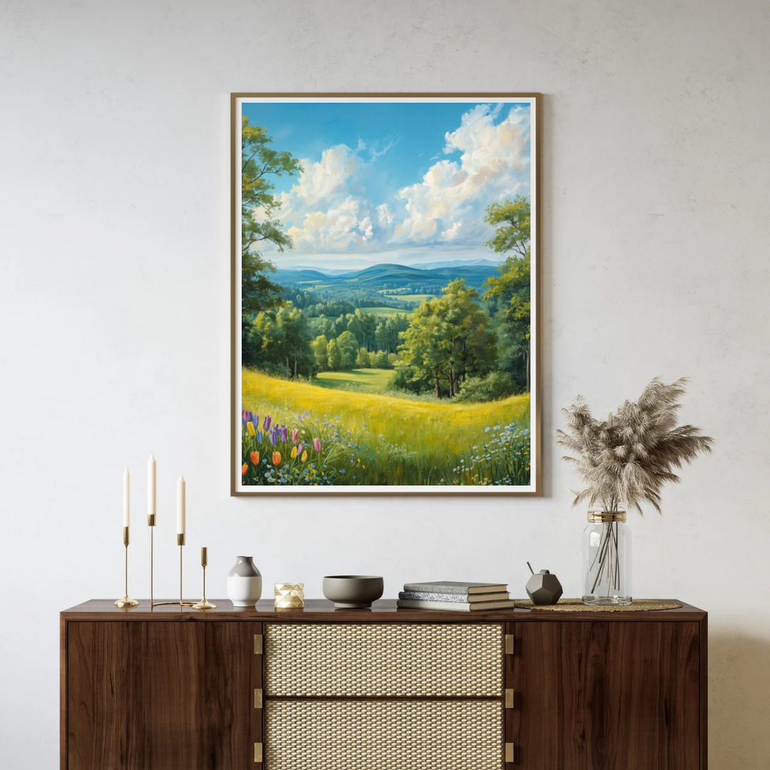 Zomer heuvellandschap schilderij in witte lijst aan witte muur boven donker houten dressoir met witte kaarsen en droogbloemen – olieverf wall art eetkamer
