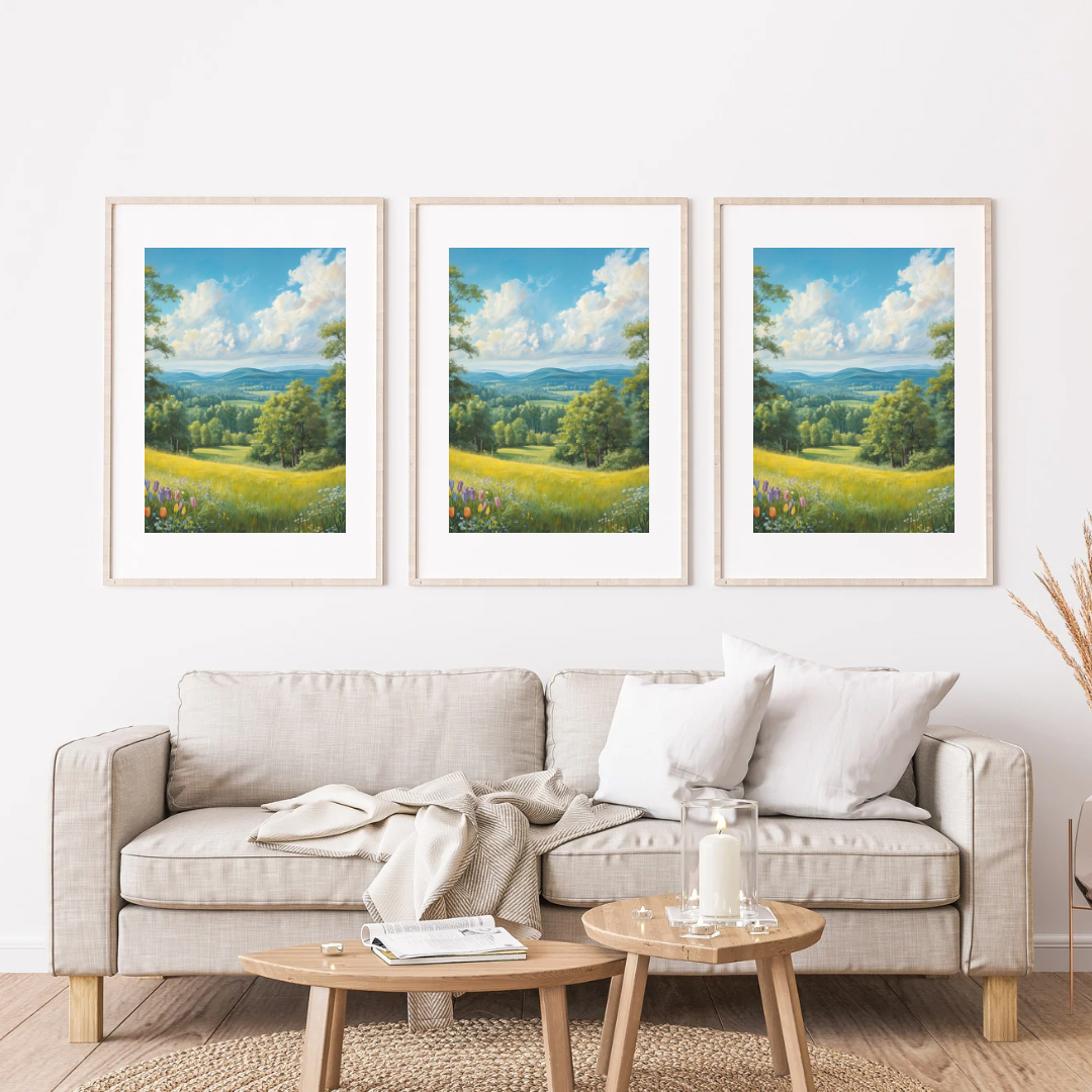 Zomer heuvellandschap schilderij als set van drie in witte lijst aan witte muur boven beige bank met witte kussens en ronde salontafel – olieverf wall art woonkamer
