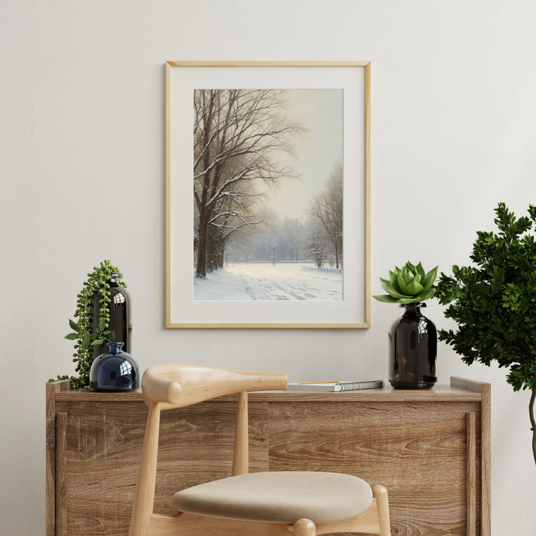 Winter mistig laantje schilderij in gouden lijst aan beige muur boven houten bureau met houten stoel en zwarte vaas – olieverf wall art thuiskantoor
