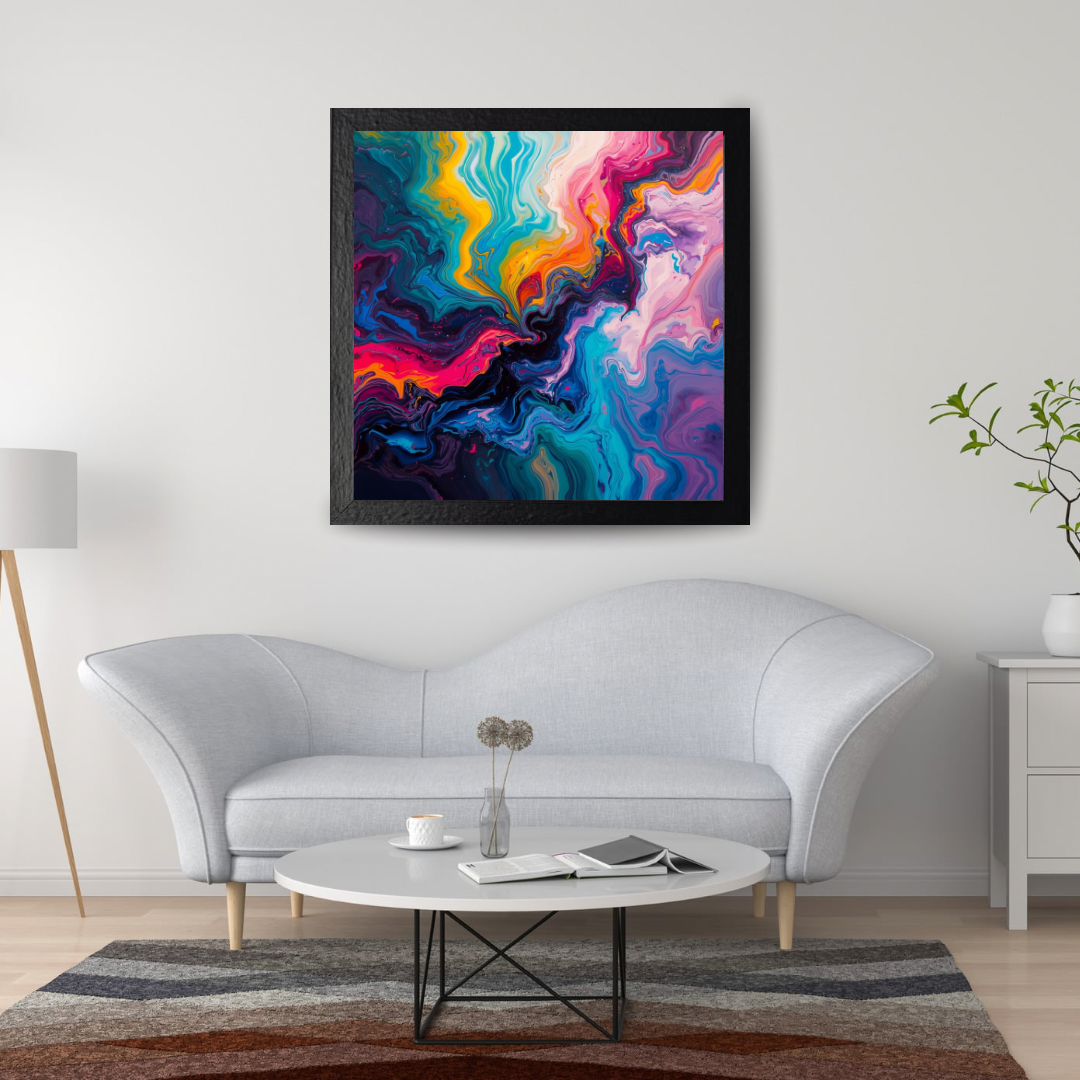 Abstract kleurexplosie schilderij in zwarte lijst aan witte muur boven witte ronde bank met witte salontafel en witte vloerlamp – moderne wall art woonkamer
