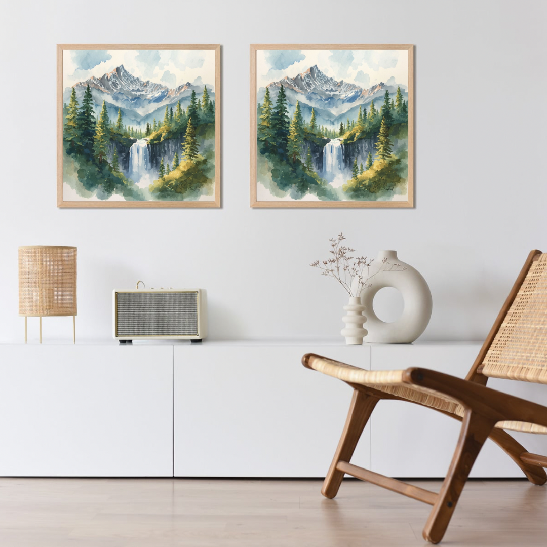 Bergen waterval schilderij als set van twee in witte lijst op wit dressoir met witte decoratie en houten stoel tegen witte muur – aquarel wall art thuiskantoor
