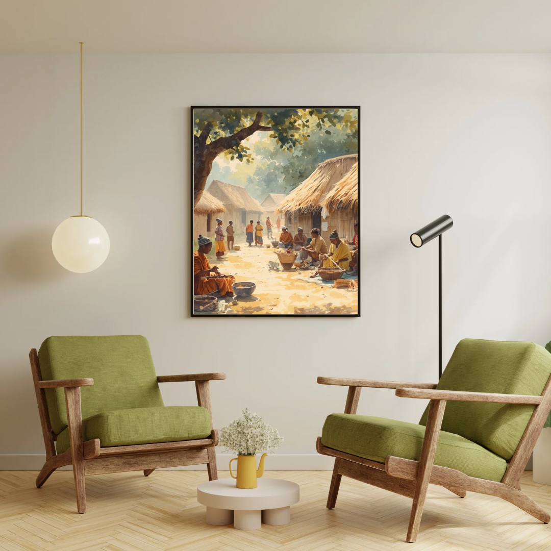 Afrika dorpstafereel schilderij in witte lijst aan witte muur naast groene fauteuil met grijze vloerlamp en kleine plant – aquarel wall art woonkamer
