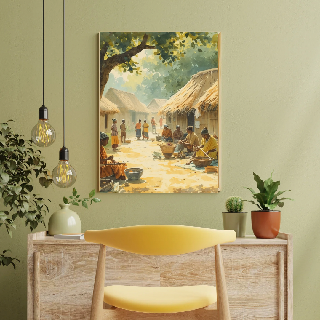 Afrika dorpstafereel schilderij in witte lijst aan groene muur boven gele ronde eettafel met groene stoelen en grote groene plant – aquarel wall art eetkamer
