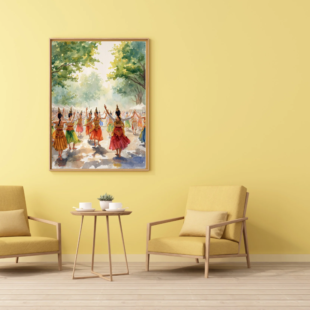 Dans schilderij in witte lijst aan gele muur boven witte ronde bijzettafel met beige fauteuils – aquarel wall art eetkamer
