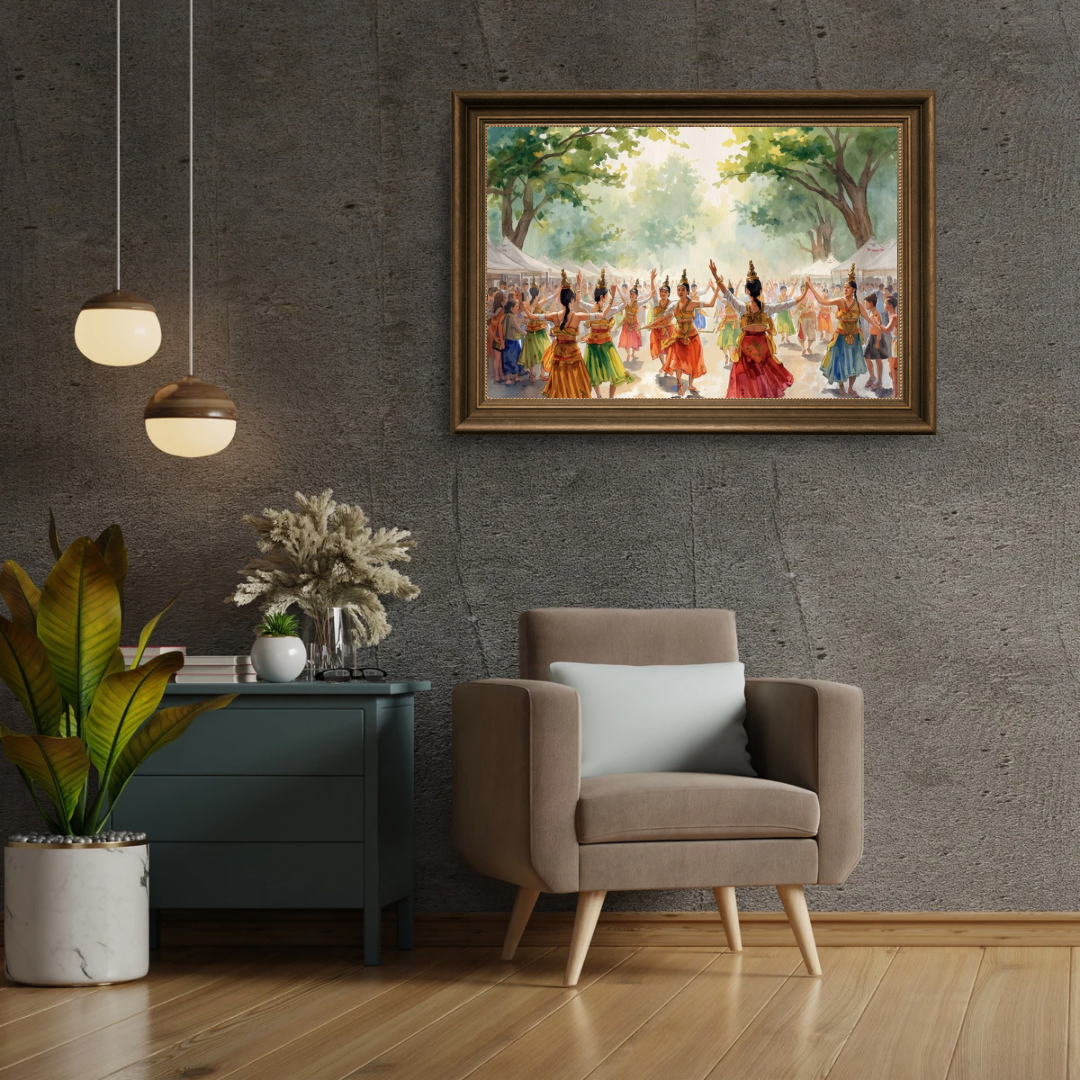 Dans schilderij in donkere lijst aan donkergrijze muur boven donkergrijze bank met grijze kussens en hangende lamp – aquarel wall art woonkamer
