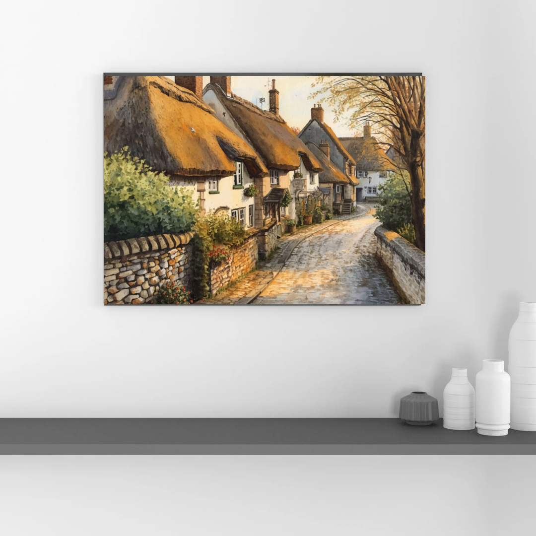 Engels dorpsstraatje schilderij in gouden lijst aan grijze muur boven wit tv-meubel met groene plant en decoratieve objecten – olieverf wall art woonkamer

