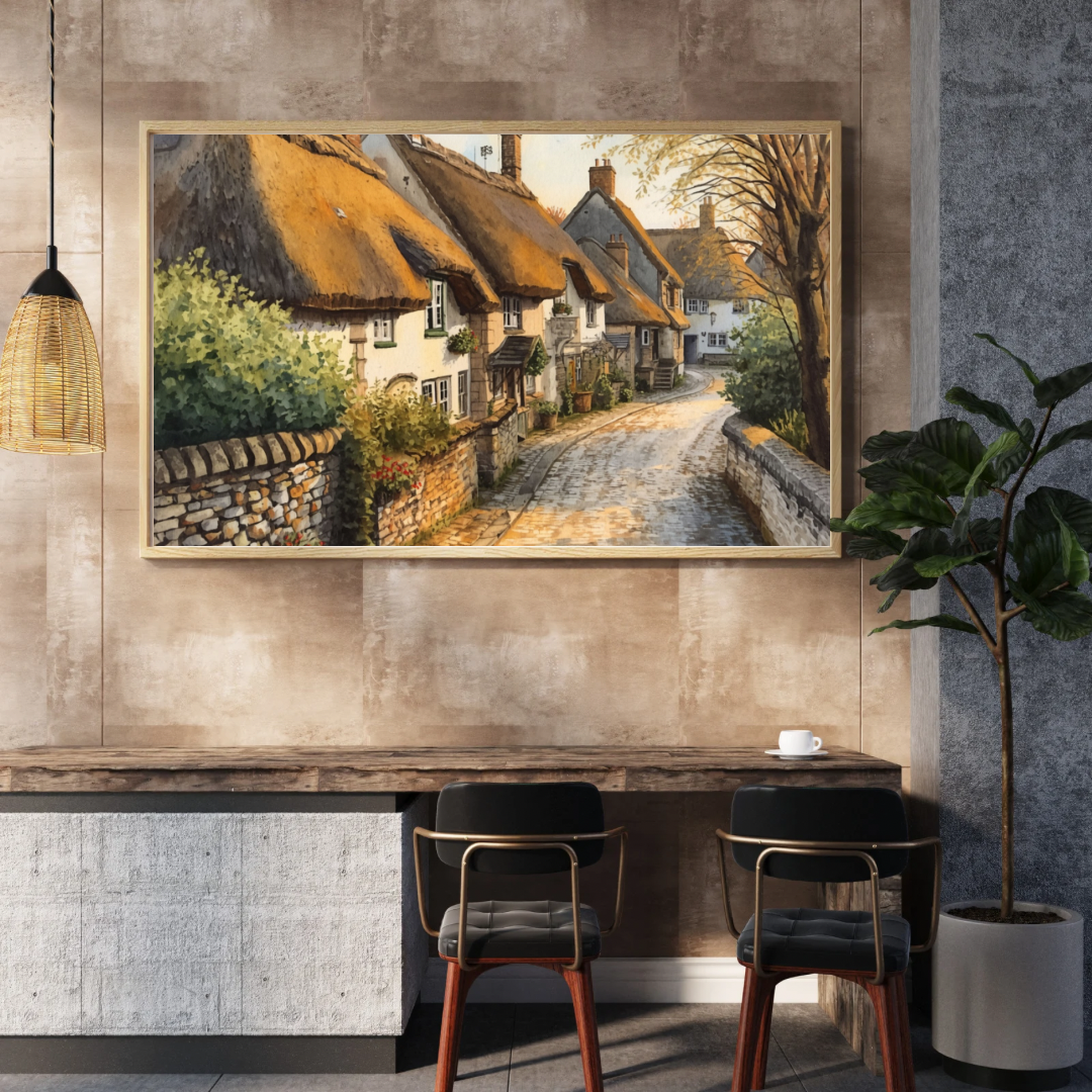 Engels dorpsstraatje schilderij in gouden lijst aan witte muur boven donker houten bureau met zwarte stoel en hanglamp – olieverf wall art thuiskantoor
