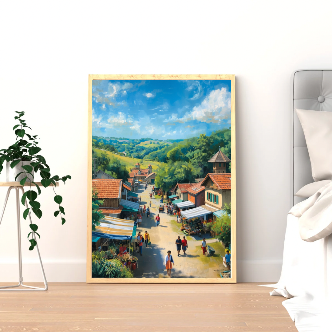 Kleurrijk dorpsgezicht schilderij met groene heuvels in gouden lijst aan witte muur naast witte kast met plant en houten vloer – levendig wall art woonkamer
