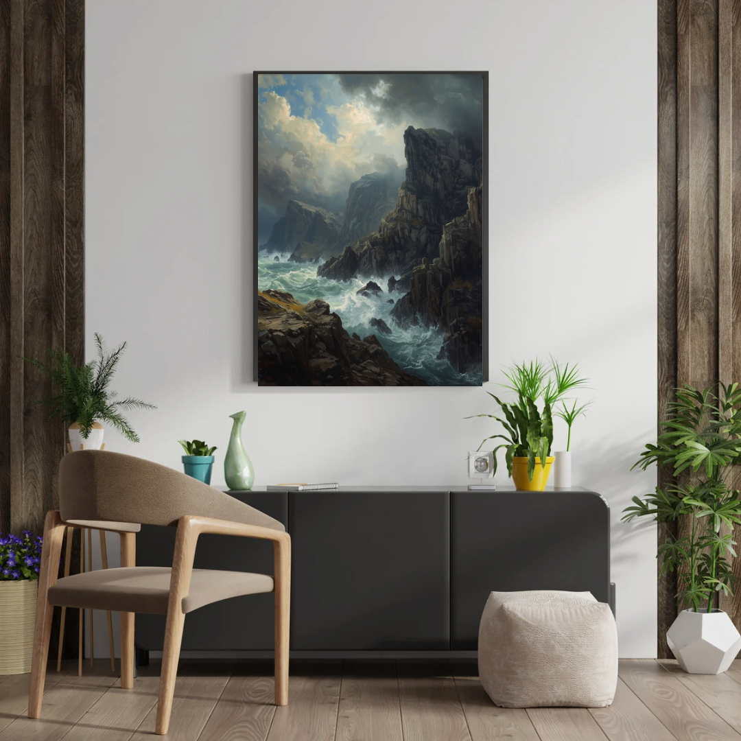 Dramatisch kliffen schilderij in donkere lijst aan witte muur boven donker dressoir met houten stoel en groene plant – natuur wall art eetkamer
