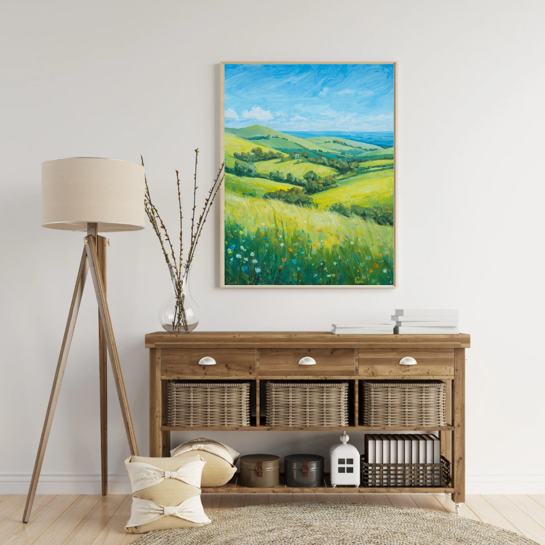Groen heuvellandschap schilderij aan witte muur boven houten dressoir met witte vloerlamp en droge takken – natuur wall art woonkamer
