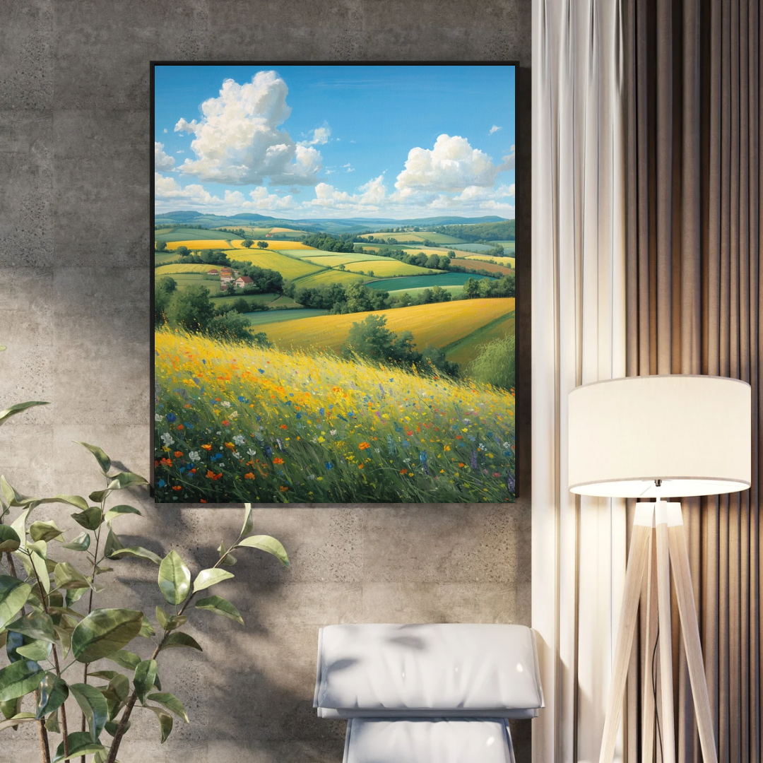 Gouden velden landschap schilderij aan donkere muur naast witte vloerlamp met gordijnen en groene plant – natuur wall art slaapkamer
