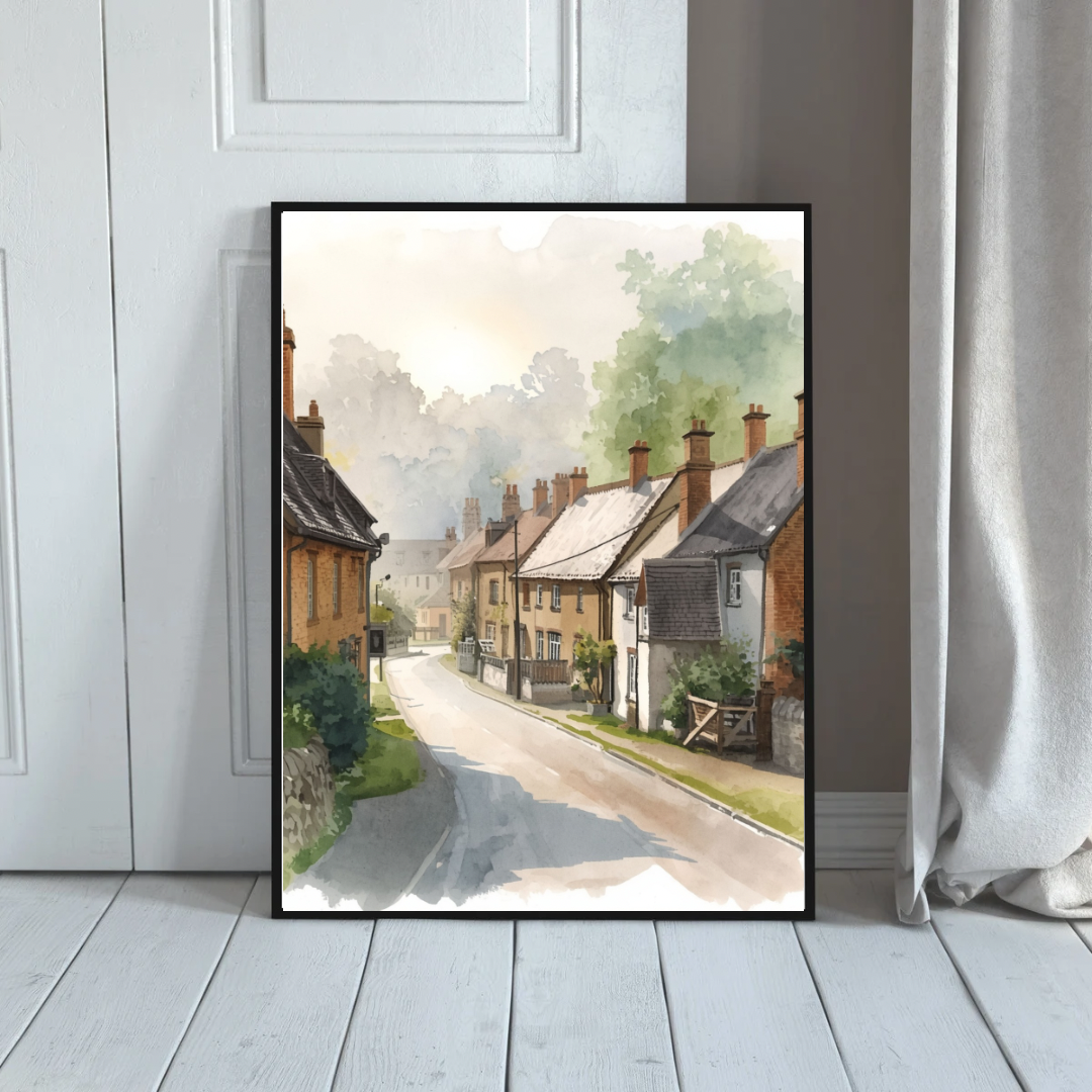 Engels straatje aquarel schilderij in zwarte lijst staand op lichte houten vloer tegen witte muur naast deur – cottage wall art entree
