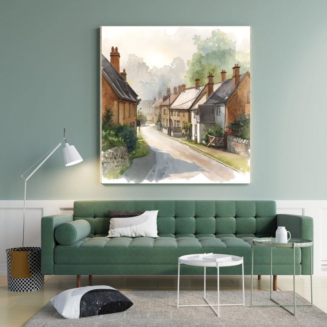 Engels straatje aquarel schilderij in zwarte lijst aan groene muur boven groene bank met witte salontafel en vloerlamp – cottage wall art woonkamer
