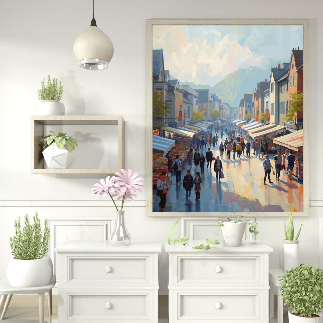Europese marktstraat schilderij in witte lijst aan witte muur boven wit dressoir met roze bloem, groene plant en witte hanglamp – impressionistisch wall art eetkamer
