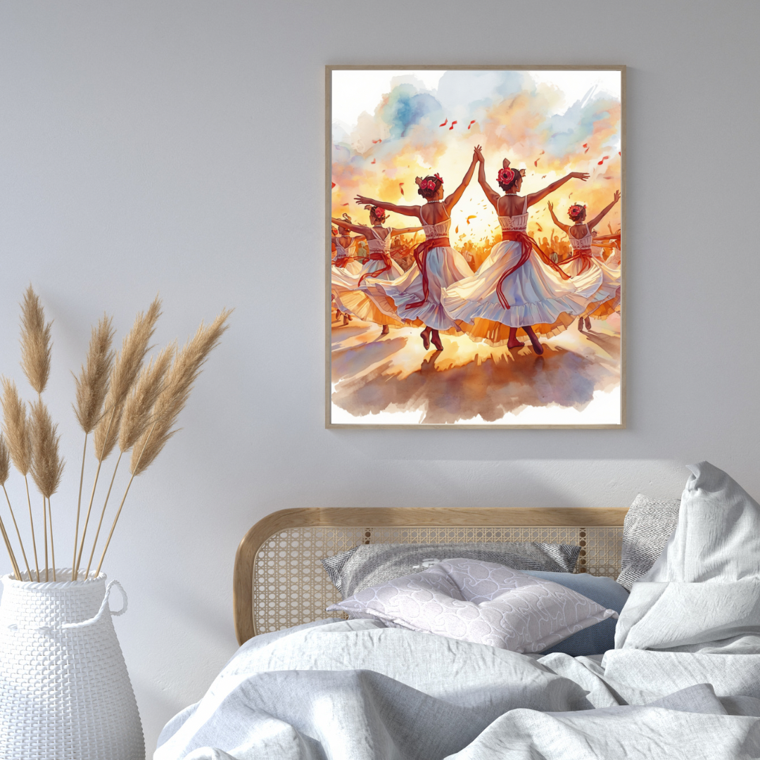 Dansende vrouwen aquarel schilderij in gouden lijst aan witte muur boven bed met grijze kussens en droge pampasgras in vaas – figuratief wall art slaapkamer
