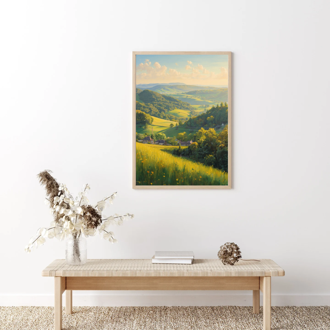 Panoramisch groen heuvellandschap schilderij aan witte muur boven lichte houten consoletafel met kleine vaas en klok – natuur wall art hal

