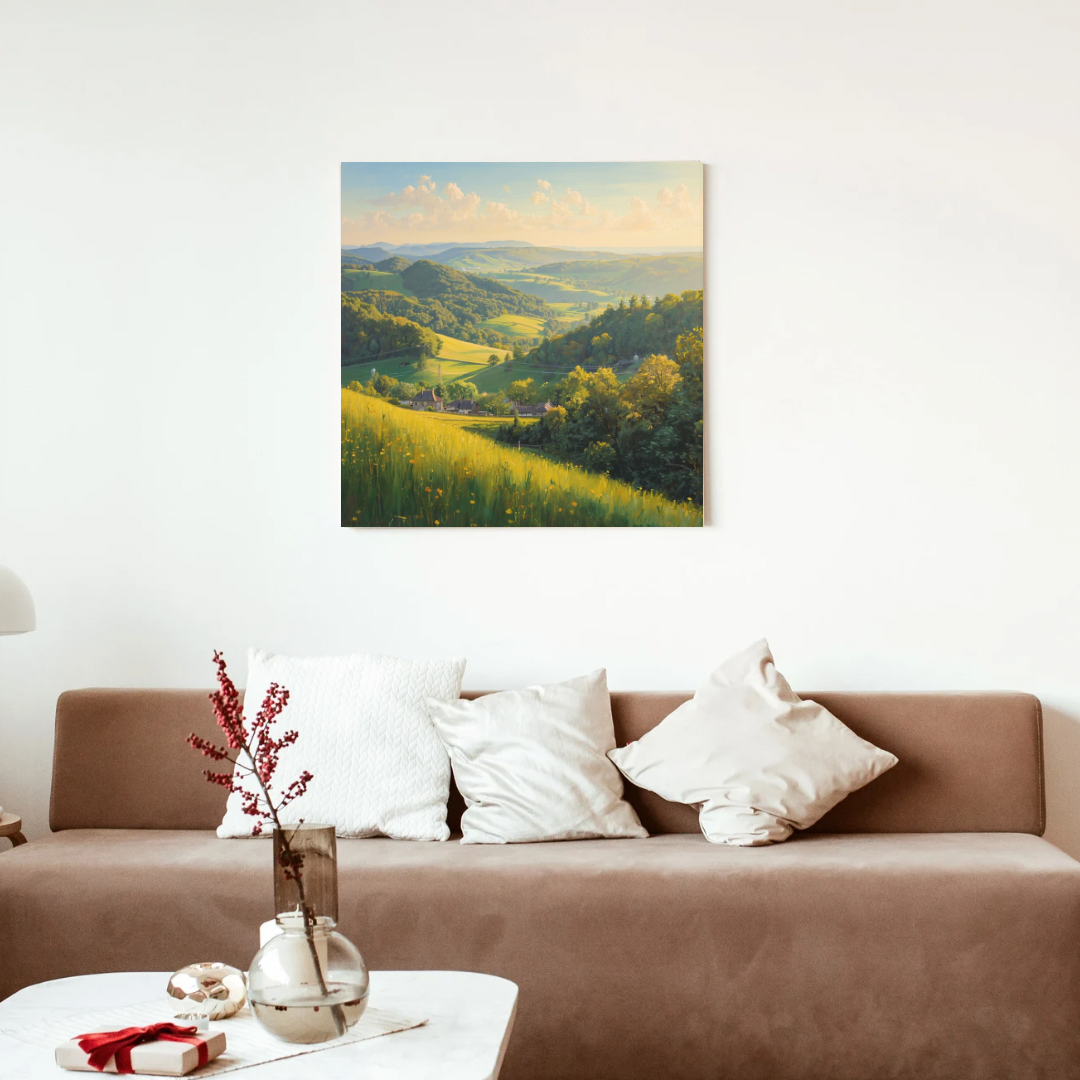 Panoramisch groen heuvellandschap schilderij aan witte muur boven bruine bank met witte kussens en glazen vaas met droge bloemen – natuur wall art woonkamer
