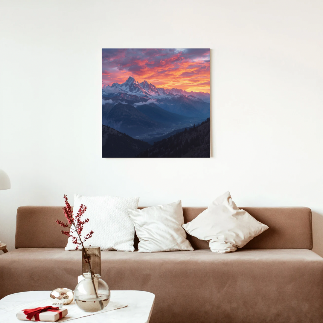 Berglandschap zonsondergang schilderij aan witte muur boven bruine bank met witte kussens en glazen vaas met droge bloemen – natuur wall art woonkamer
