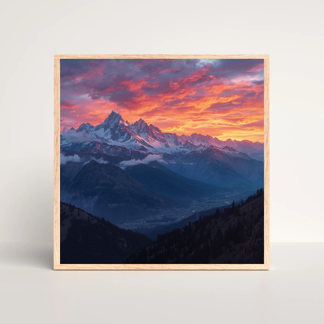 Berglandschap zonsondergang schilderij in gouden lijst staand op witte ondergrond tegen witte muur – dramatisch natuur wall art woonkamer
