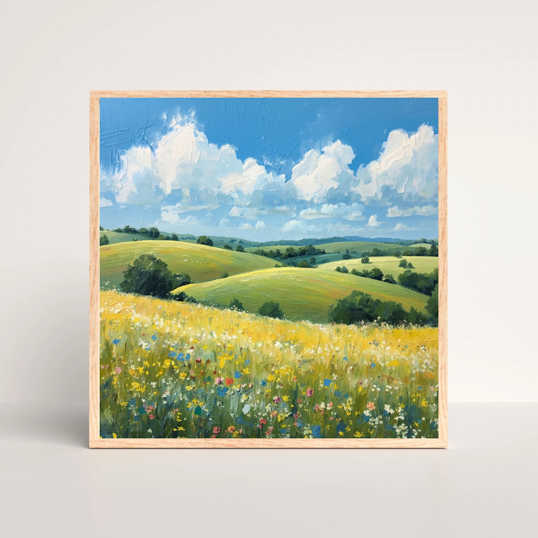 Bloemenweide zomerveld schilderij aan witte muur naast houten stoel met groene plant en witte vaas – natuur wall art woonkamer
