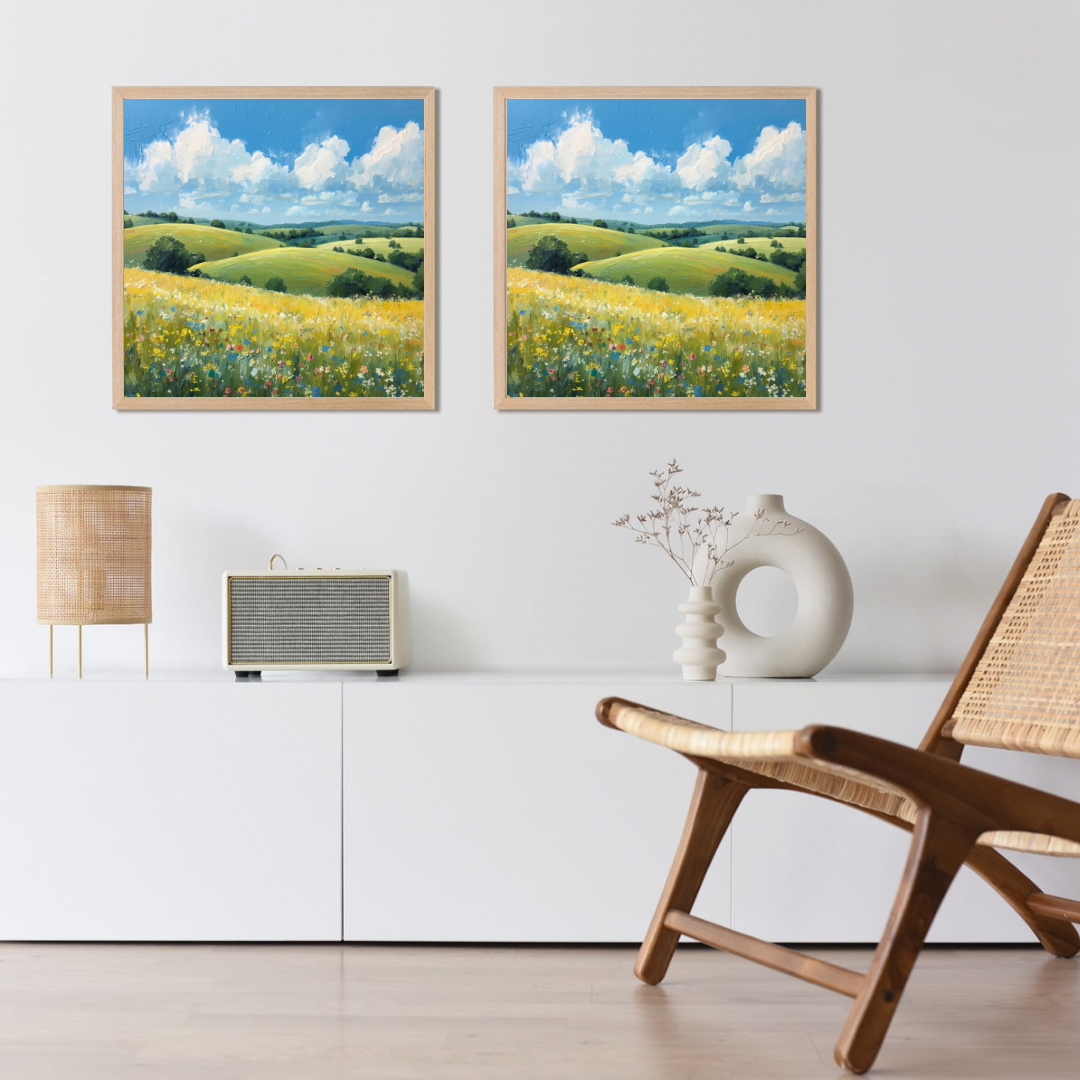 Bloemenweide zomerveld schilderij als set van twee aan witte muur boven wit dressoir met houten stoel en witte vloerlamp – natuur wall art woonkamer
